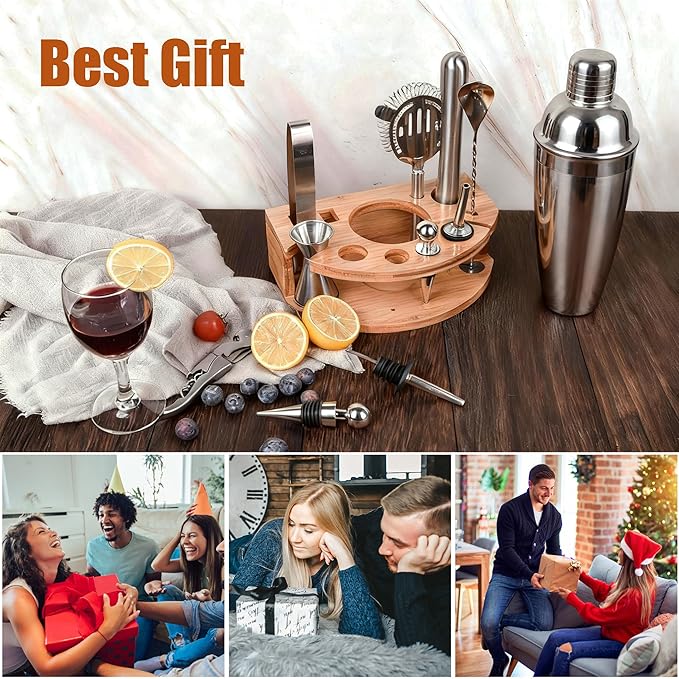 Cocktail Shaker Set,12 Piece 25oz Bartender Kit with Stand,Bar Set for Mixed Drink, Professional Bar Accessory : Shaker,Jigger,Strainer,Muddler,Liquor Pourers, House Warming Gifts