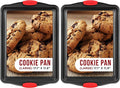 Nonstick Cookie Sheet Pan Carbon Steel Oven Tray Sheet Pan with Red Silicone Handles -large Bakeware Pan Tray with Gray Coating Inside & Outside (Pack of 2)