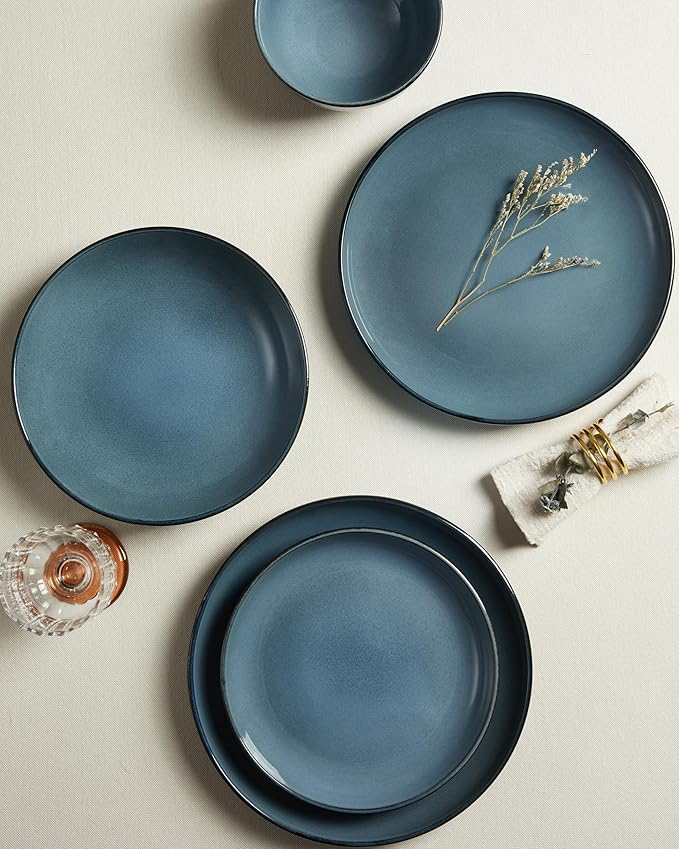 Pokini 24 Piece Double Bowl Dinnerware Sets with Pasta Bowls, Highly Chip and Crack Resistant Plates and Bowls Sets, Natural Earthyware Ceramic Dishware Sets, Service for 6 Jeans Blue