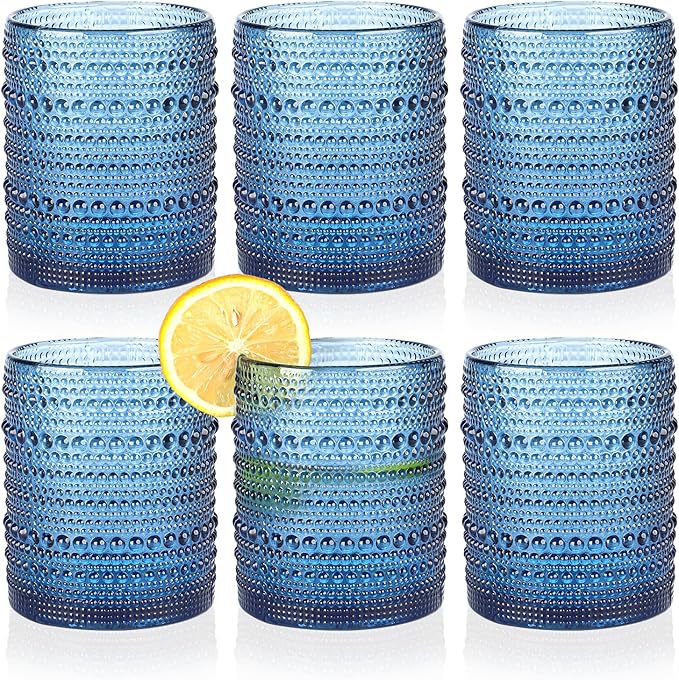 KMIGRUAN Hobnail Drinking Glasses Set of 6,12oz Blue Vintage Glassware,Cocktail Glasses,Embossed Glass Cups,Water Tumbler for Whiskey, Juice and Various Mixed Drinks