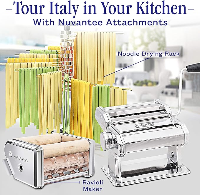 Nuvantee Pasta Maker with 7 Adjustable Thickness Settings - 2 in 1 Noodle Maker with Rollers and Cutter, Make Spaghetti, Fettuccini, Lasagna, & More