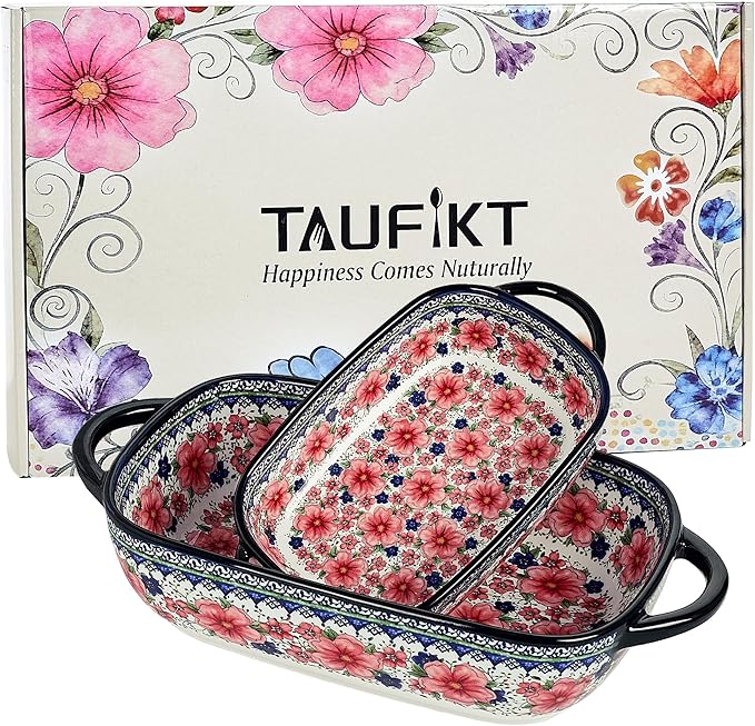 Ceramic Casserole Dishes for Oven, Hand-painted Polish Pottery Baking Dish Set of 2, 0.8QT / 2QT Porcelain Casserole Dishes with Handles, Baking Pan Lasagna Pan, Gift for Family/Friend (Red)