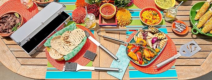 Cuisinart 14-Piece Deluxe Stainless Steel Grill Set, Grilling Accessories Kit with Spatula, Tongs, Corn Holders, Basting Brush, Cleaning Brush & Aluminum Carry Case, BBQ Tools for Outdoor Grill
