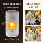 16 Oz Hobnail Drinking Glasses Set of 6 - Clear Multipurpose Glassware Sets, Decorative & Stylish Glasses Drinking Set for Bar, Kitchen, Cocktail Glassware, Garden - Home, Dining, & Kitchen