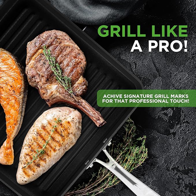 NutriChef 11" Non-Stick Grill Pan for Indoor Cooking - Hard Anodized Grill Pan for Stove Tops with High Ridges, Strong Handles, Dishwasher Safe
