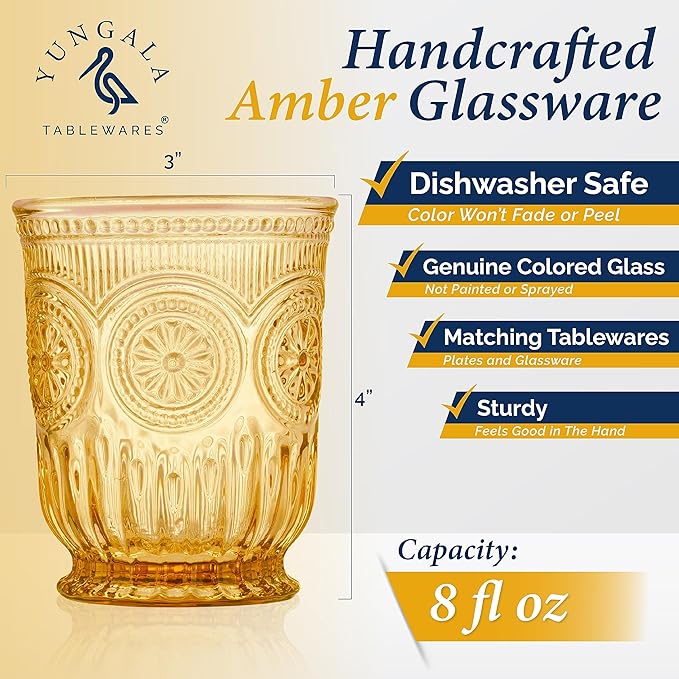 Yungala Amber Small Drinking Glasses Set of 6 Vintage Hobnail 8 oz