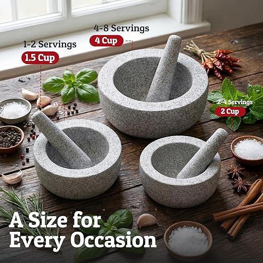 Priority Chef Heavy Duty Large Mortar and Pestle Set, Hand Carved from Natural Granite, Make Fresh Guacamole, Pesto, Stone Grinder Bowl, Herb Crusher, Spice Grinder, 6.3 Inches Wide, 2 Cup - Grey