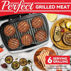 SugarWhisk Family-sized Contact Grill, 6-Serving Electric Indoor Grill with Adjustable Temp Control, Ceramic Coating, 1500W, Silver