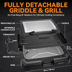 Baker’s Friend Indoor Searing Grill & Griddle, Electric Griddle with 2 in 1 Indoor Grill and Griddle Plate Indoor Grill with Removable Plate & Lid, Silicone Mold, Dishwasher Safe, Graphite
