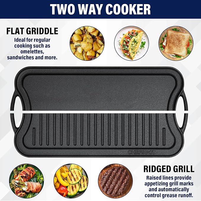 Griddle Pan for Stove Top – 20" Reversible Cast Iron Double Burner Griddle Plate, Multi-Use Preseasoned Pancake Pan with Handles - Works on most Stovetops, Grills, and Fire