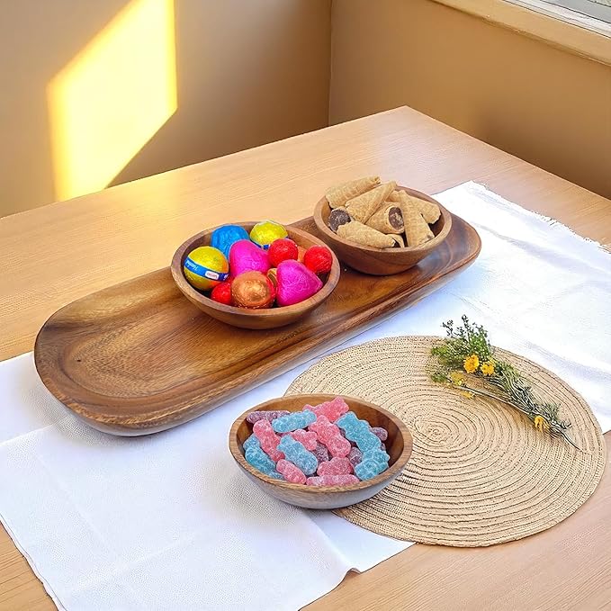 Acacia Wooden Calabash Bowls with Baguette Tray, 4-Piece Set: Three 4.25" Dip Bowls and 13.5" Bread Tray, Rustic Handcrafted Appetizer & Condiment Set