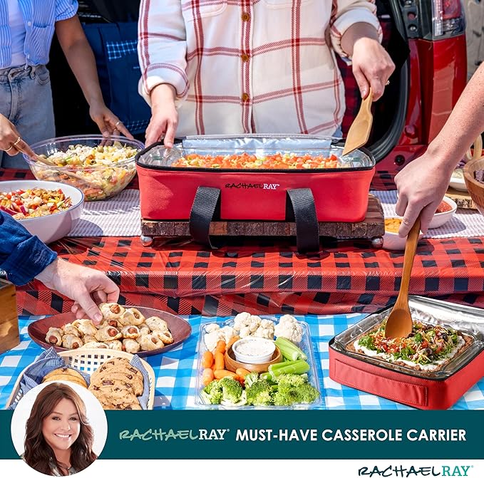 Rachael Ray Lugger Duo, Insulated Casserole Carrier for Hot or Cold Food, Thermal Lasanga Lugger Tote for Potluck, Parties, Picnic, and Cookouts, Fits 9" x 13" Baking Dish, Red Buffalo