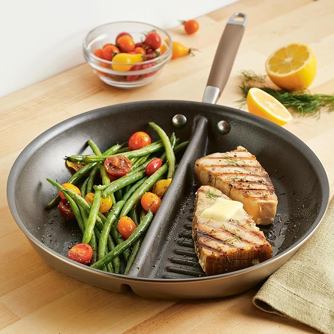 Anolon Advanced Home Hard Anodized Nonstick Divided Grill and Griddle Pan, 12.5 Inch, Bronze