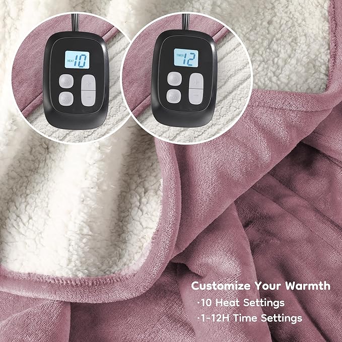 Electric Heated Blanket Queen Size - 84"x90", Soft Flannel Heating Blanket, 10 Heating Levels, 1-12 H Auto Shut Off, Dual Controllers, Breathable Warm and Washable for Bed, Purple