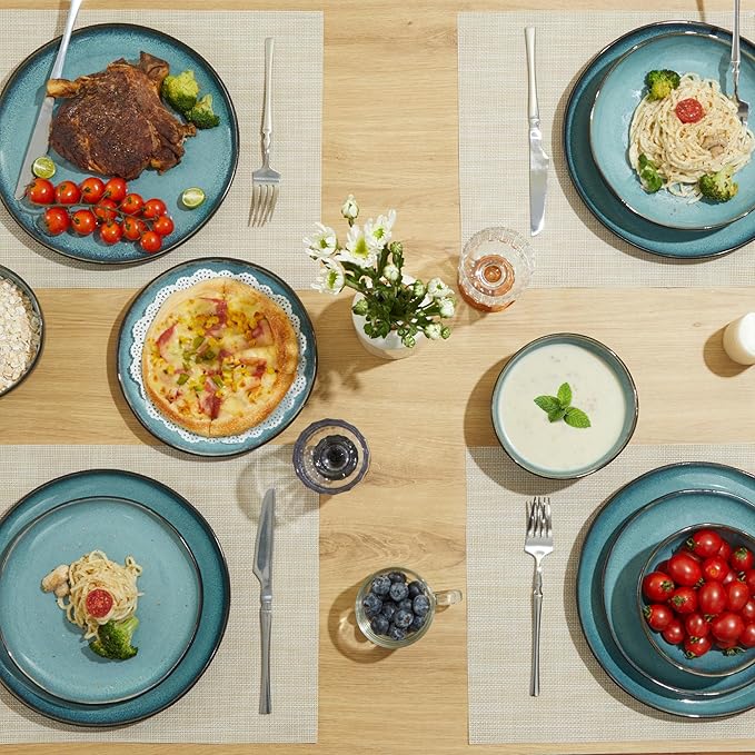 Pokini 18 Piece Dinnerware Sets for 6, Green Black Reactive Glaze Stoneware | Irregular Artisan Style for Family Dinners, Weekend Gatherings | Scratch‑Resistant, Microwave & Dishwasher Safe