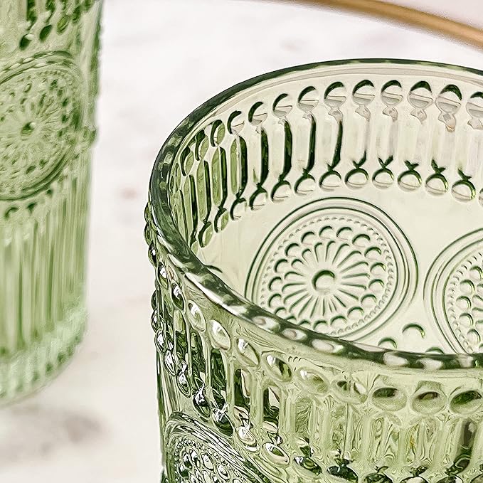Kate Aspen Vintage Ribbed Green Drinking Glasses Set of 6-13 oz Colored Embossed Glass Cups for Water, Iced Tea, Cocktails - Perfect Holiday Drinkware, Christmas Entertaining & Gift Set