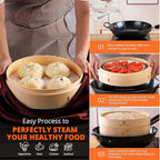 KITCHENCRUST Bamboo Steamer Basket for Chinese Asian Cuisine - 2 Tier 10-Inch Steaming Basket Bun Vegetable Bao Buns, Sauce Dish, Chopsticks, Reusable Liners