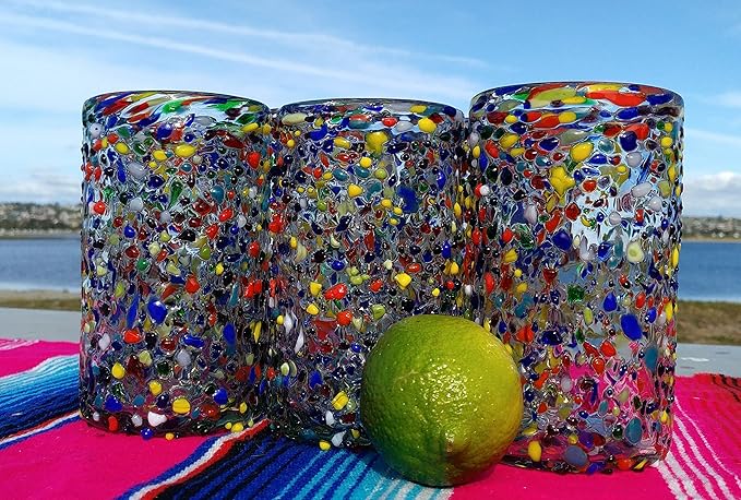 Hand Blown Mexican Drinking Glasses - Set of 6 Confetti Rock Design Glasses (14 oz each)