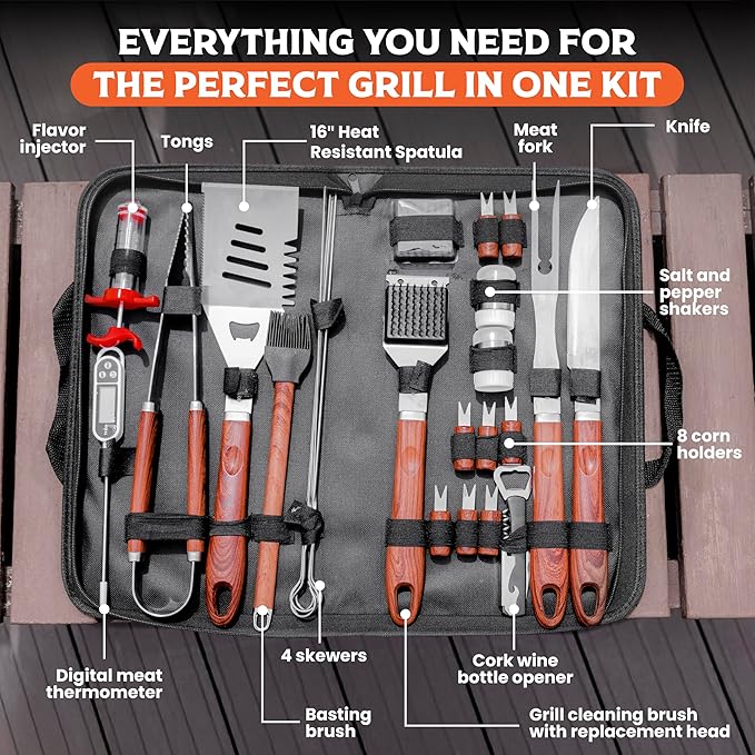 SpartaSake (24-Pack) Premium Stainless Steel BBQ Grilling Accessories with Wood Handles - Barbecue Gill Accessories Set for Blackstone Griddle - Outdoor Camping Grill Set for BBQ for Dad Men Women