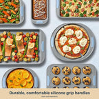 Pyrex (3-Piece) Metal Cookie Sheet Bakeware Set, Lightweight Stainless Steel Baking Trays with Heatsafe Silicone Handles, Cookie Sheet Baking Pan, Cerulean