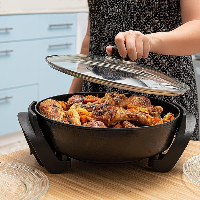 Moss & Stone Round Electric Skillet with Lid – 12x12 Inch Aluminum Nonstick Electric Frying Pan 5Qt, Adjustable Temperature Control, Vented Glass Lid, Dishwasher Safe, Heat-Resistant Handles