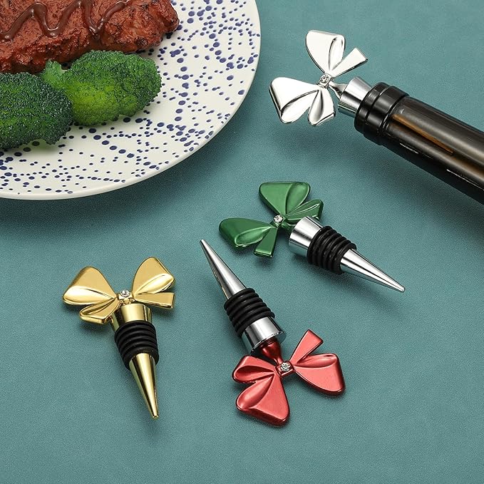 uxcell 2 Pcs Bow Wine Stopper, Reusable Wine Stoppers Airtight Leak-proof Bottle Plugs Liquor Saver Beer Beverage Glass Bottles Stopper for Bar Holiday Party Home Decor, Silver-Green