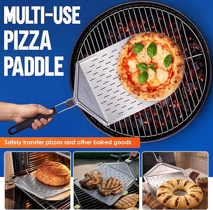 KitchenStar Perforated Pizza Peel 12 inch with 10 inch Folding Handle, Medium - Stainless Steel Spatula Paddle for Effortless Pizza Transfer & Easy Storrage - Outdoor Pizza Oven Accessories