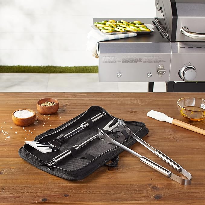 Amazon Basics 4-Piece Stainless Steel BBQ Grilling Tool Set with Carry Bag, Rust-Resistant, Dishwasher Safe
