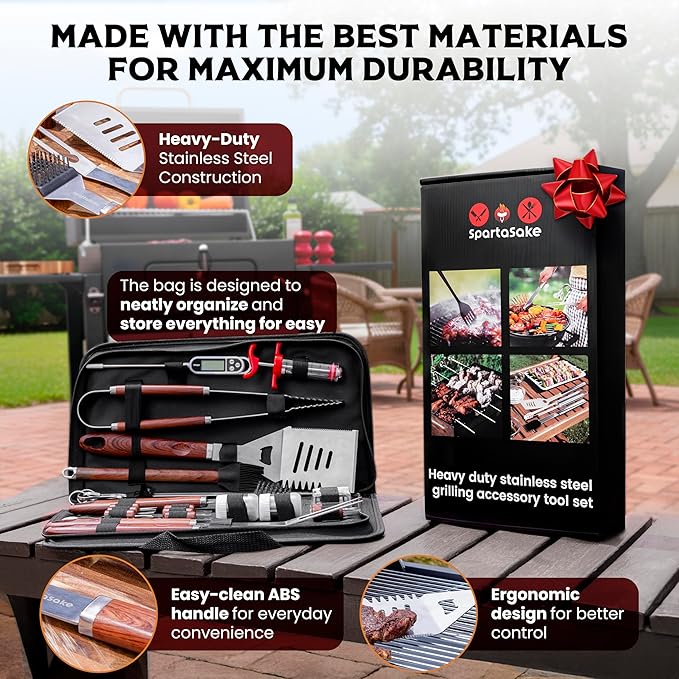 SpartaSake (24-Pack) Premium Stainless Steel BBQ Grilling Accessories with Steel Handles - Barbecue Gill Accessories Set for Blackstone Griddle - Outdoor Camping Grill Set for BBQ for Dad Men Women