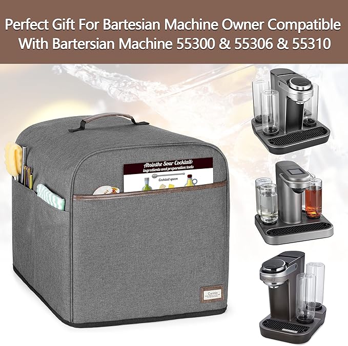 CURMIO Cocktail Machine Dust Cover Compatible with Bartesian Premium, Professional, Duet, Cocktail Maker Machine Dust Cover with Pockets for Cocktail Capsules, Gray, Patent Design