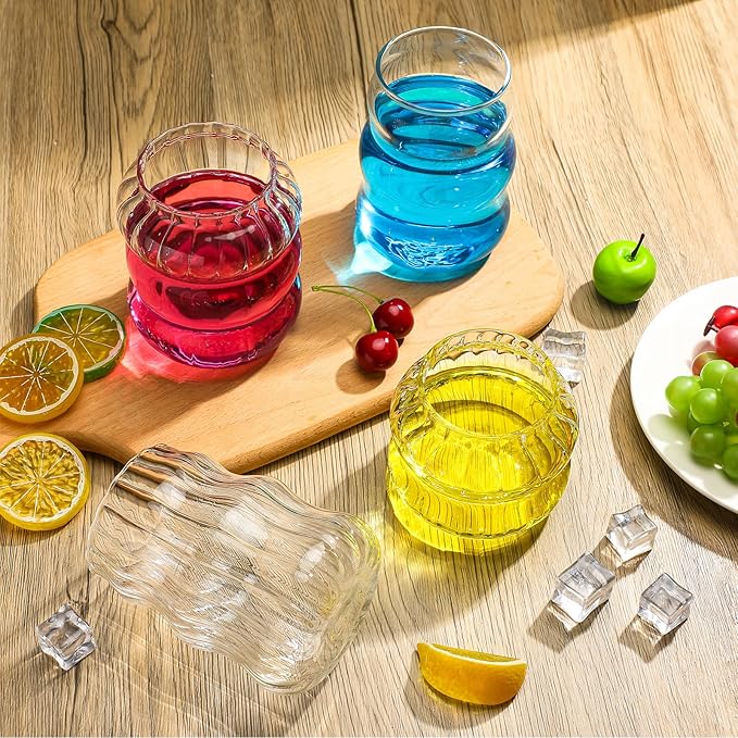 Ziliny 4 Pcs Creative Glassware Set Wave Shape Drinking Glasses with Glass Straw Aesthetic Cups Vintage Ribbed Glass Cups Cute Drinking Glasses for Tea Beer Water Cocktail Coffee Beverage Kitchen