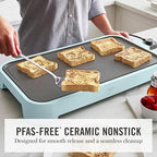 Martha Stewart 12” x 22” Electric Griddle, XL Ceramic Nonstick Flat Top Cooking Surface, Adjustable Temperature Dial, Drip Tray, Dishwasher Safe, 1500W Fast Even Heating, Pancakes & Eggs, Sky Blue