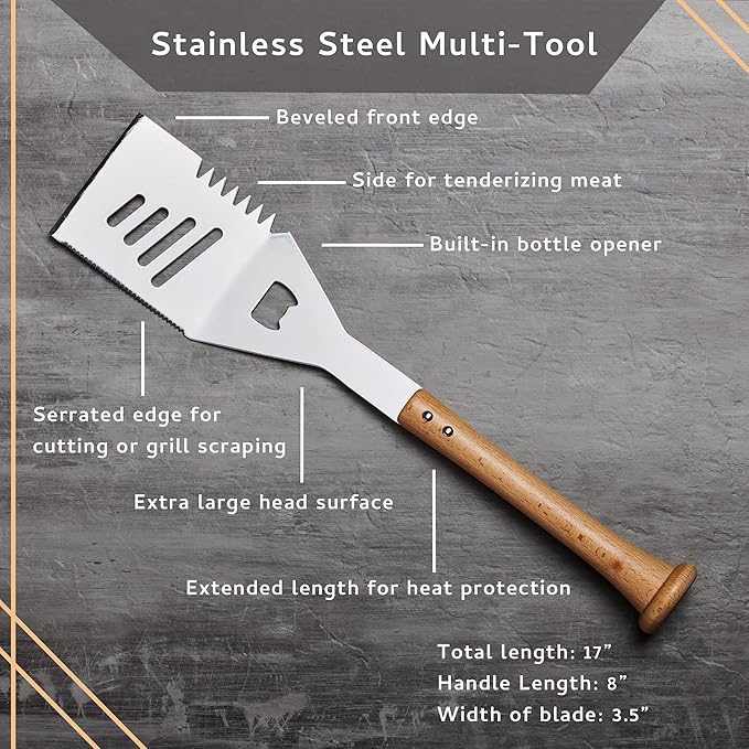 Baseball BBQ | 'Slider' Multi-Tool Spatula | BBQ Grilling Accessories & Utensils for Baseball Fans| Unique Wooden Bat Handle & Quality Stainless Steel Design | Ideal Gift for Dads or Grill Master