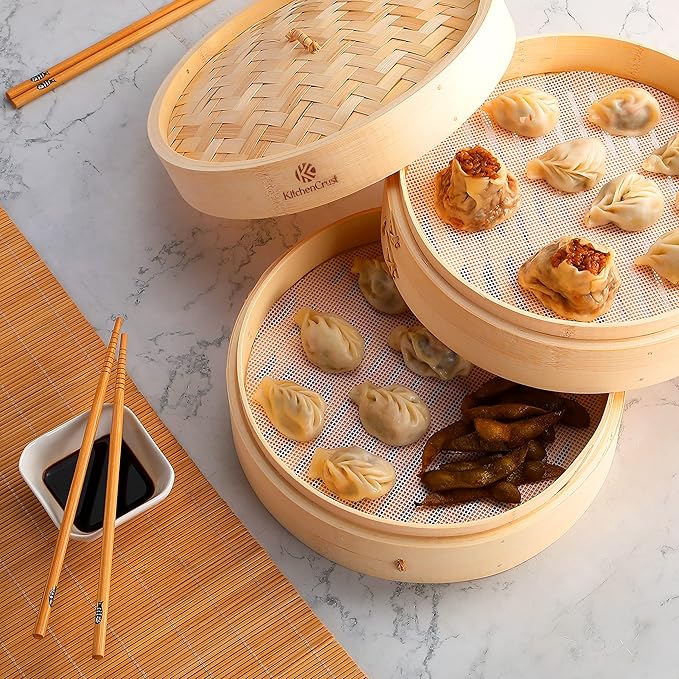 KITCHENCRUST Bamboo Steamer Basket for Chinese Asian Cuisine - 2 Tier 10-Inch Steaming Basket Bun Vegetable Bao Buns, Sauce Dish, Chopsticks, Reusable Liners