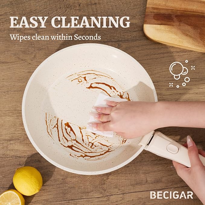 BECIGAR 8pcs Ceramic Pots and Pans Set, Non Stick Cookware Set, Detachable Handle Cookware, Induction Kitchen Cooking Set with Removable Handle,Oven Safe, Induction Fast, Stackable Cookware Set