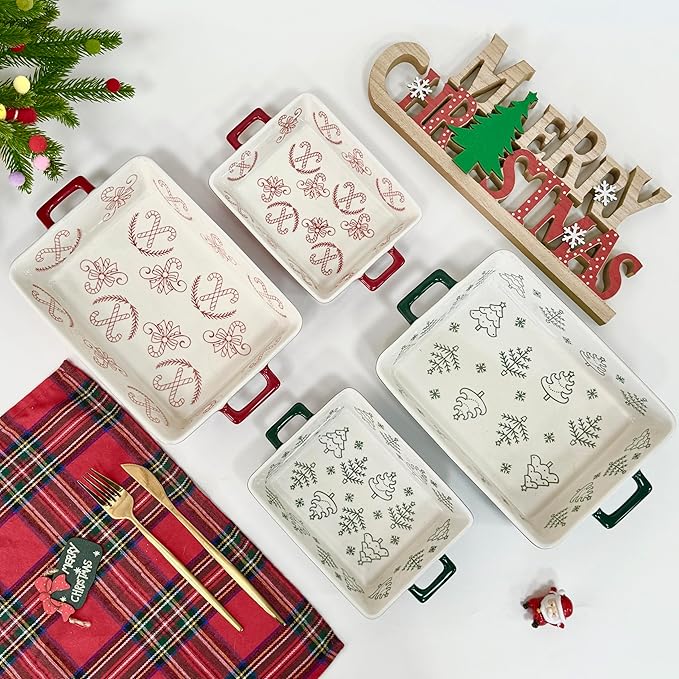 Domini Casserole Dishes for Oven, Ceramic Baking Dishes for Oven Set of 2, Lasagna Pan Deep, Baking Pan Set Square Casserole Dish Set with Handles for Baking, Pattern Green(11.4+8.5inch) Christmas