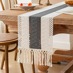 FEXIA Boho Table Runner for Home Decor with Tassels 60 Inches Long,Grey Farmhouse Rustic Table Runner Macrame Burlap Table Decoration for Living Room Bridal Shower(12x60 Inches)