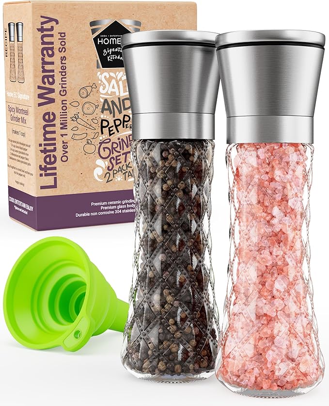 Home EC Original Stainless Steel Sea Salt and Pepper Grinder Set of 2 - Adjustable Ceramic Grinder - Diamond Pattern Glass - Salt and Pepper Shakers - Kitchen Spice Mill - Modern Kitchen Accessories