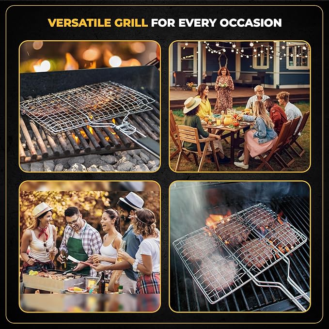2 Set Fish Grill Baskets for Outdoor Grill Vegetables, Fish Grilling rack for Grill, BBQ Grilling Basket, Stainless steel Grill Basket for Veggies, shrimp Includes 50 skewers, Silicon Brush, and Carry Bag