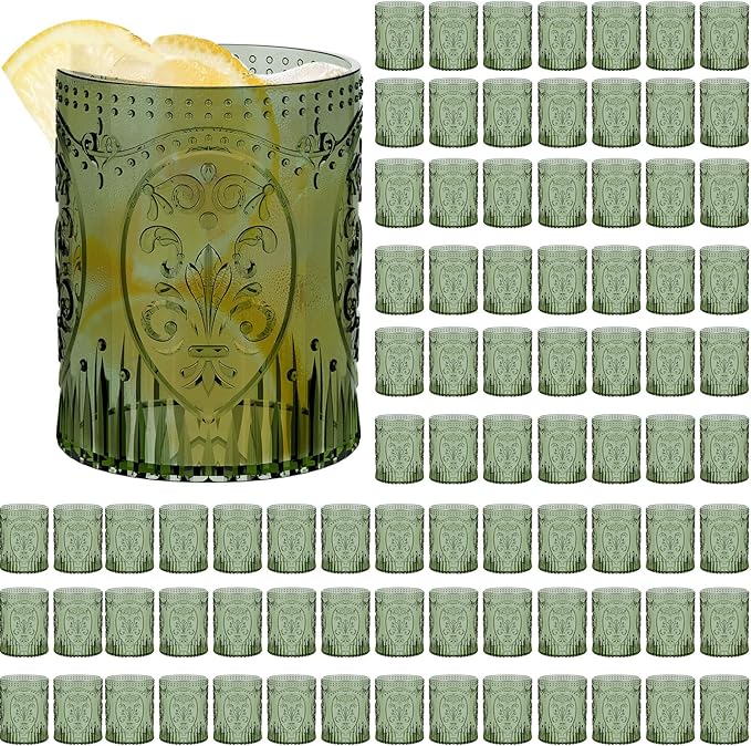 Qinyoung 100 Plastic Vintage Drinking Glasses 8.5oz Stemless Retro Embossed Wine Glasses Shatterproof Reusable Cups for Baby Shower Wedding Reception Grand Event Party (Dark Green)