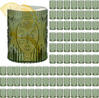 Qinyoung 100 Plastic Vintage Drinking Glasses 8.5oz Stemless Retro Embossed Wine Glasses Shatterproof Reusable Cups for Baby Shower Wedding Reception Grand Event Party (Dark Green)