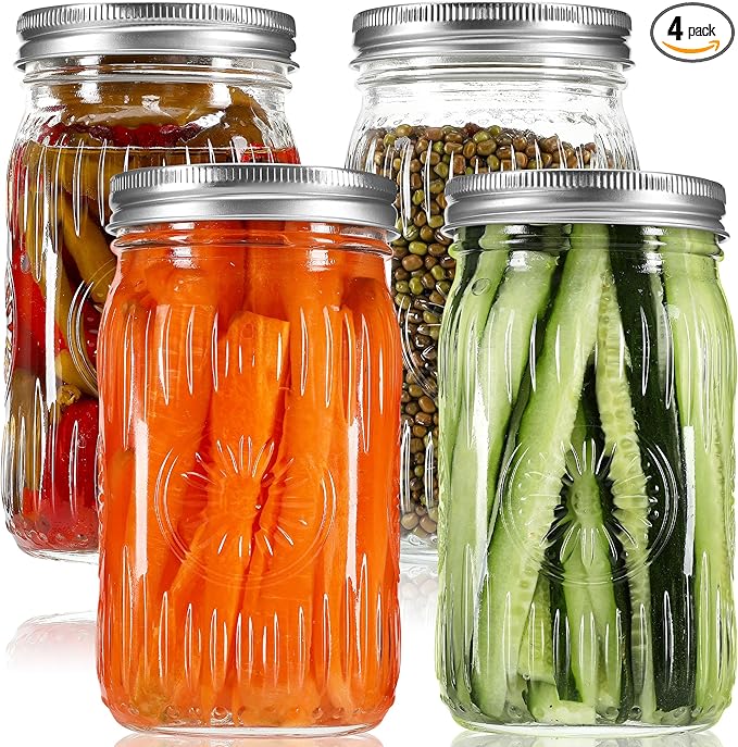 4 Pack 32 oz Wide Mouth Mason Jars with Airtight Lids - Glass Canning Jars for Food Preservation, Storage, Pickling, Crafts & DIY Projects, Durable Quart Glass Jars Dishwasher Safe