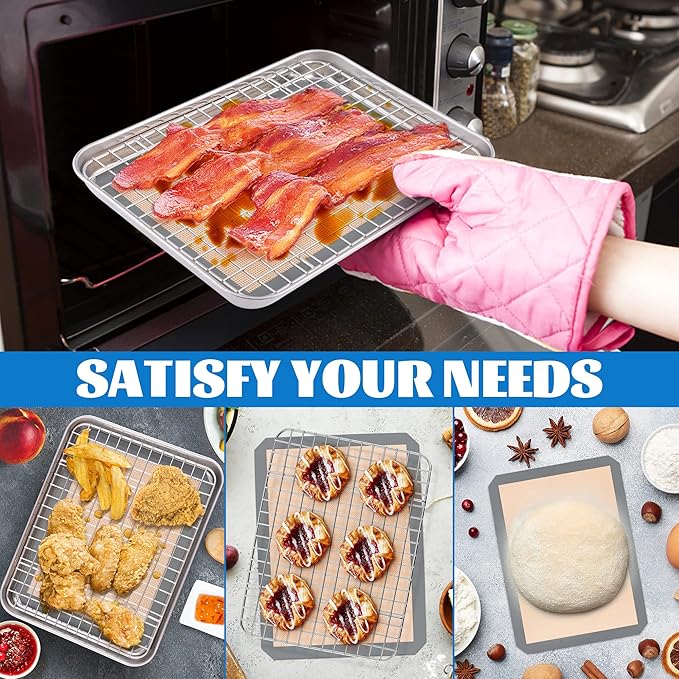 P&P CHEF 9 x 7 x 1 Inch Toaster Oven Pan with Grid Rack and Silicone Mat, Stainless Steel Toaster Oven Tray Baking Pan with Cooling Roasting Rack, Dishwasher Safe (3Pcs)