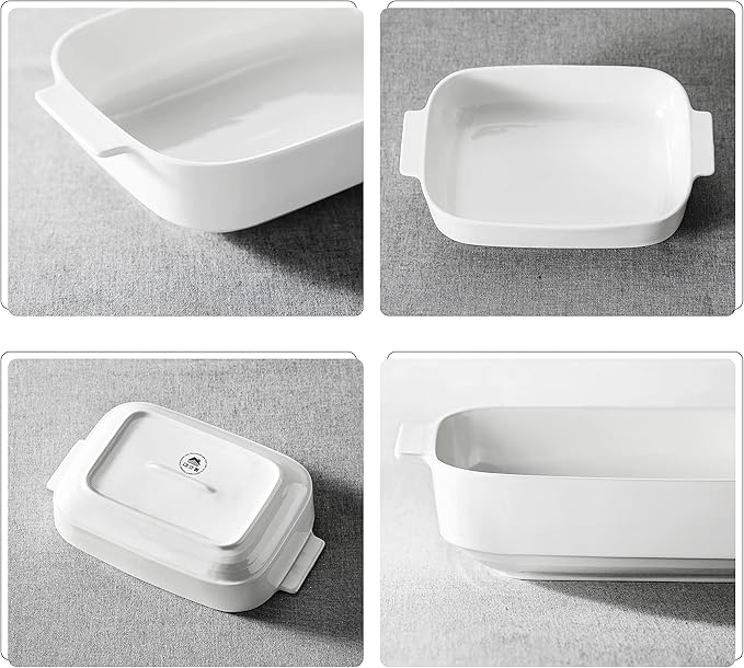 MALACASA Casserole Dishes for Oven, Ceramic Baking Dishes Set of 3, Rectangular Lasagna Pan Deep Baking Pans, Bakeware Sets with Handles Gift Set, White (13.8''/11.7''/9.4''), Series BAKE