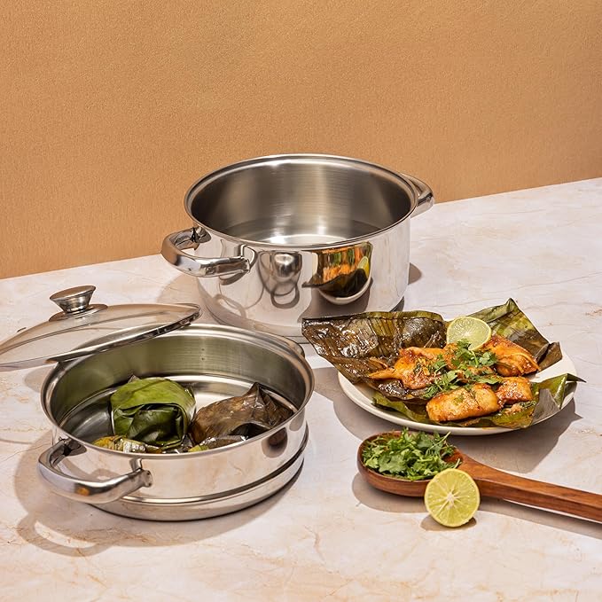 Vinod Stainless Steel 2-Tier Steamer with Glass Lid and Riveted Handles Ideal for Momo, Modak and More Induction and Gas Compatible 7.8 in 2-Year Silver