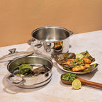 Vinod Stainless Steel 2-Tier Steamer with Glass Lid and Riveted Handles Ideal for Momo, Modak and More Induction and Gas Compatible 7.8 in 2-Year Silver