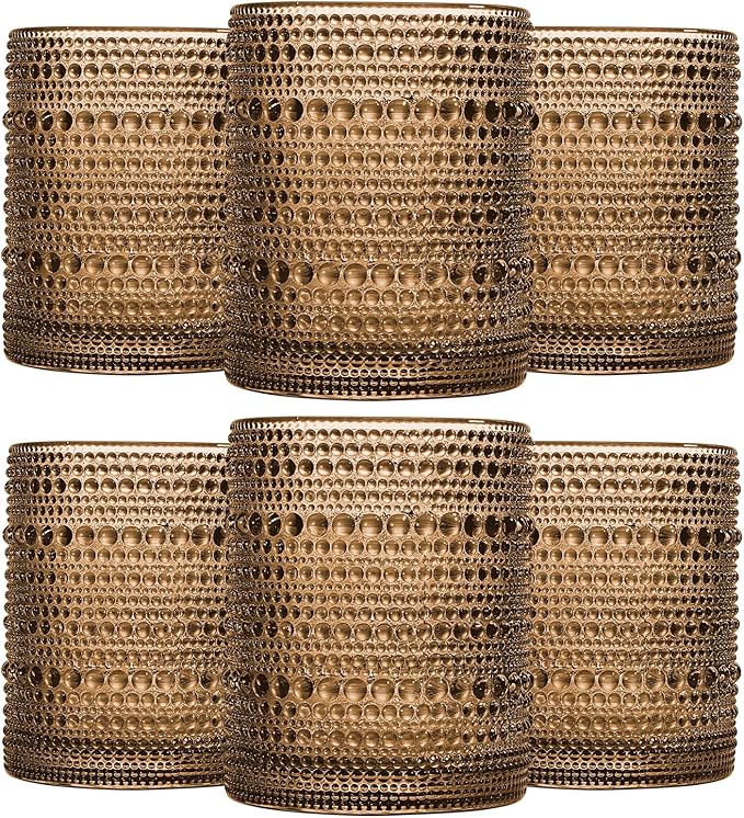 JOVGANK Brown Vintage Hobnail Drinking Glasses Set of 6, Embossed Water Tumbler 12oz, Kitchen & Bar Beaded Glass Cups, Beverage Glass Cups for Water, Beer, Juice, Housewarming and Mother's Day Gift