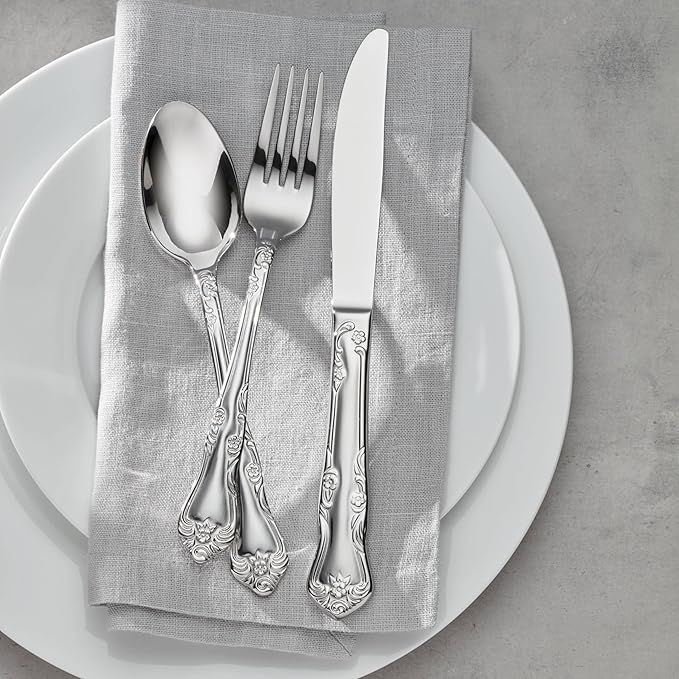 Oneida Silverware Set, Azalea 20 Piece Everyday Flatware Set, Service For 4, 18/0 Stainless Steel, Floral Design, Dishwasher Safe, Mirror Finish, Knives Spoons And Forks Sets (Silver, 20 Piece)