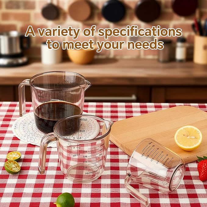 Plastic Measuring Cups Set, 3PCS with Pour Spout & Handle, Multi-Scale (cup | oz | ml) Stackable Liquid & Dry Measuring Tools for Baking Cooking, Essential Kitchen Gadgets (Coffee Brown)