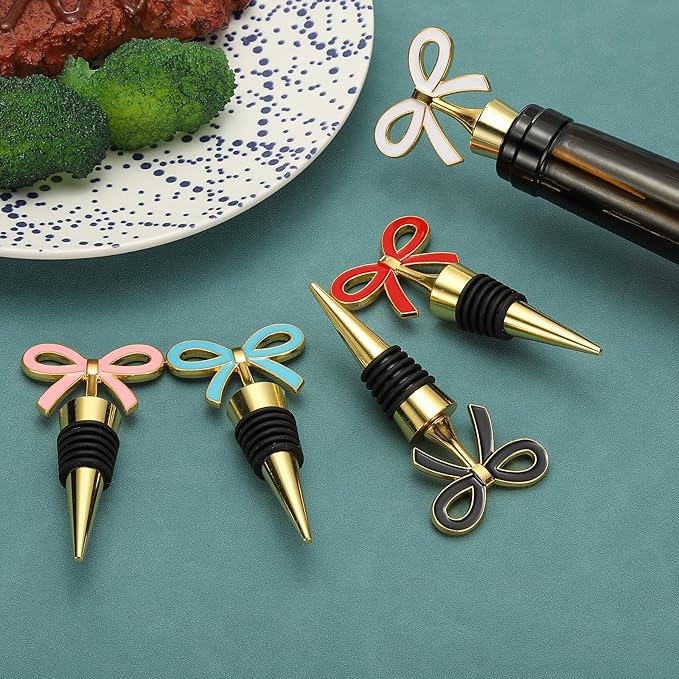 uxcell 2 Pcs Bow Wine Stopper, Reusable Wine Stoppers Airtight Leak-proof Bottle Plugs Liquor Saver Beer Beverage Glass Bottles Stopper for Bar Holiday Party Home Decor, Gold-White